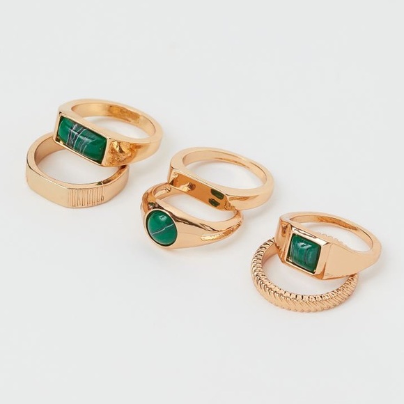 H&M Jewelry - NEW H&M Green & Gold Toned Rings - Pack of 6 - Faux Stone Ring